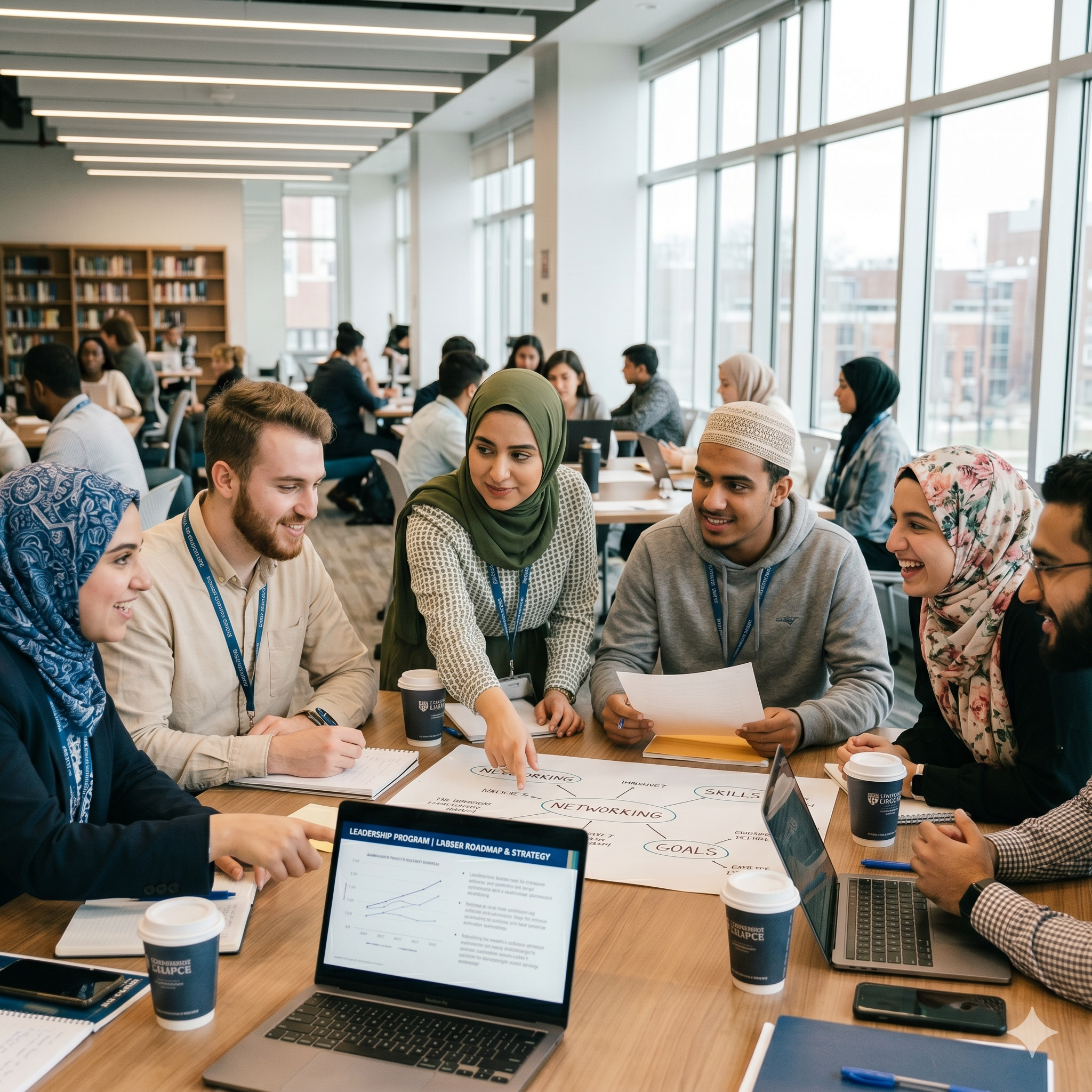 Ambitious diverse young adults and Muslim students collaborating on their leadership roadmap